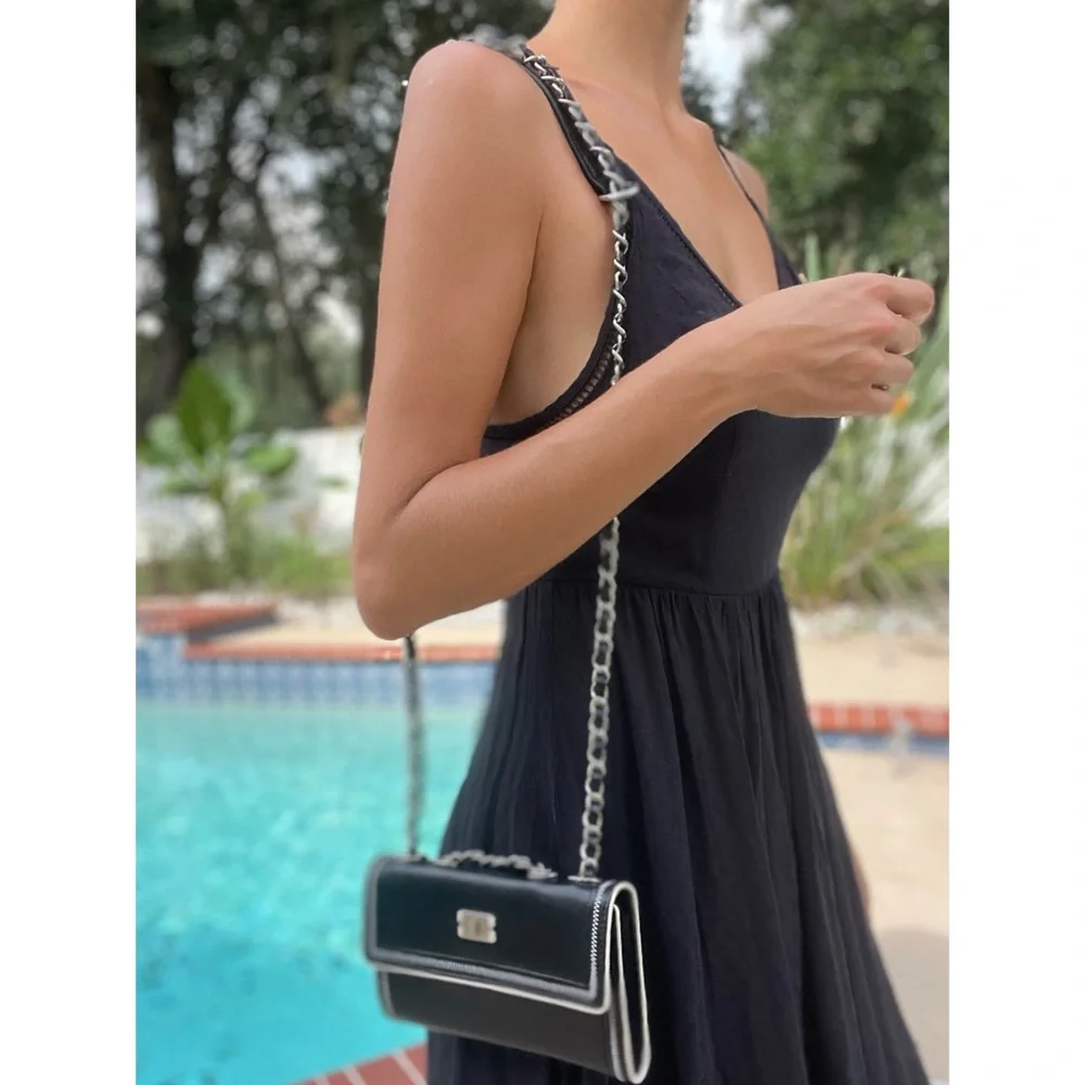 CHANEL Black Leather Chain-Handle Crossbody Bag with Silver Trim